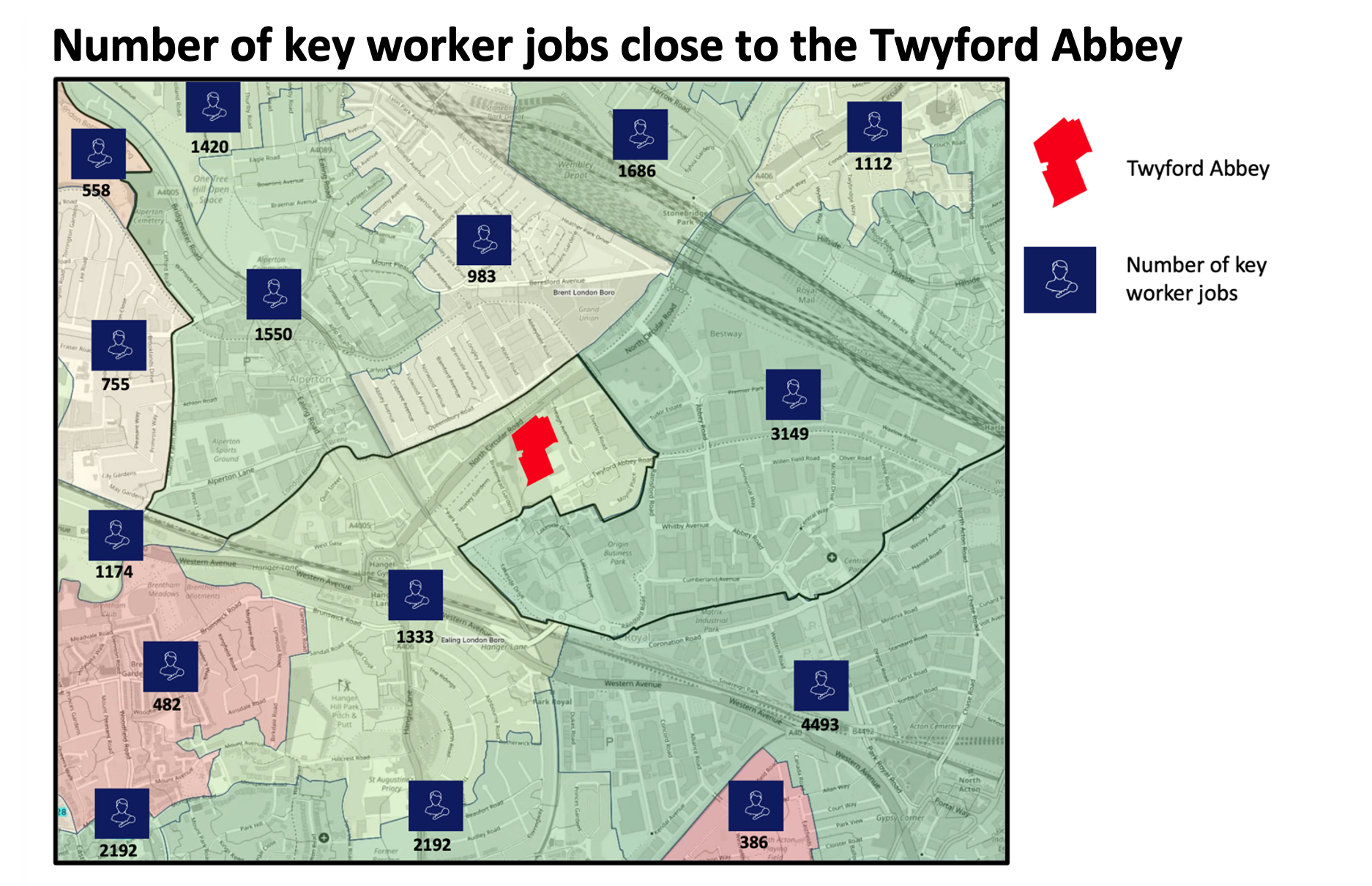 Key worker jobs map for Twyford Abbey area
